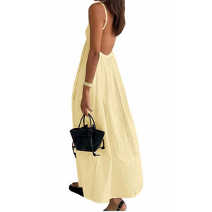 NEW Yellow Backless V Neck Spaghetti Strap Loose Flowy Midi Dress S